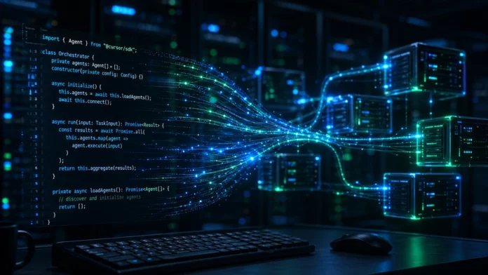 Cursor SDK TypeScript code on screen with glowing data streams flowing into server infrastructure, dark blue cinematic lighting