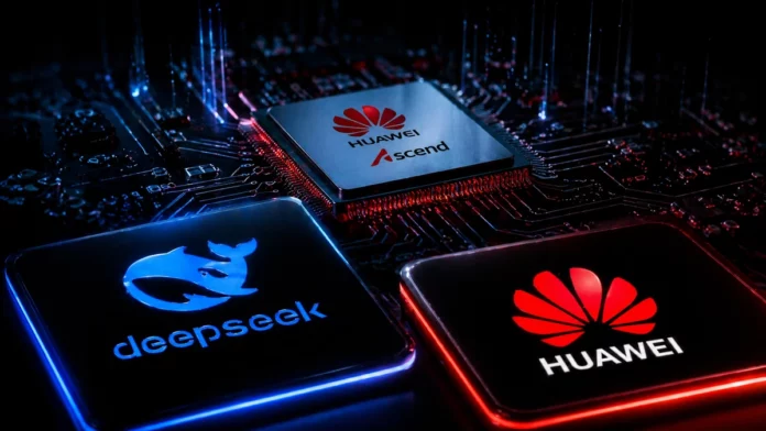 DeepSeek and Huawei logos on dark circuit board chips with Huawei Ascend AI processor in the background, representing DeepSeek V4 running on Chinese domestic hardware.