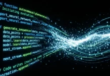 Dark visualization of AI-generated code streams on black background representing Google's 75% AI coding milestone