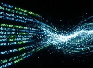 Dark visualization of AI-generated code streams on black background representing Google's 75% AI coding milestone