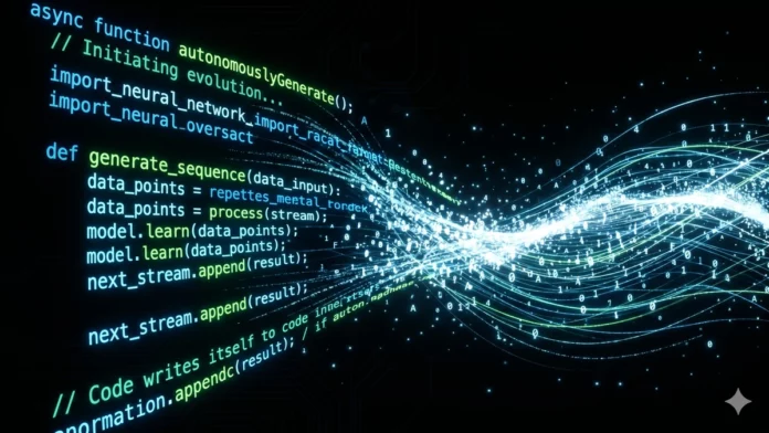 Dark visualization of AI-generated code streams on black background representing Google's 75% AI coding milestone