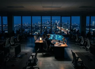 A lone worker sits at a glowing desk in a vast, empty tech office at night, surrounded by rows of vacant workstations, with AI data visualizations in electric blue and neon green illuminating the dark.