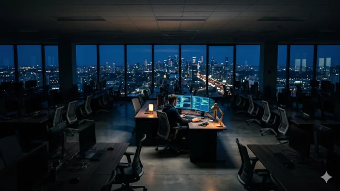A lone worker sits at a glowing desk in a vast, empty tech office at night, surrounded by rows of vacant workstations, with AI data visualizations in electric blue and neon green illuminating the dark.