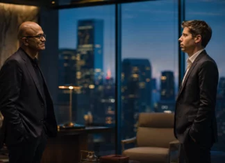 **Featured image alt text:** Satya Nadella and Sam Altman standing apart in a modern corporate setting, representing the renegotiated Microsoft OpenAI partnership.