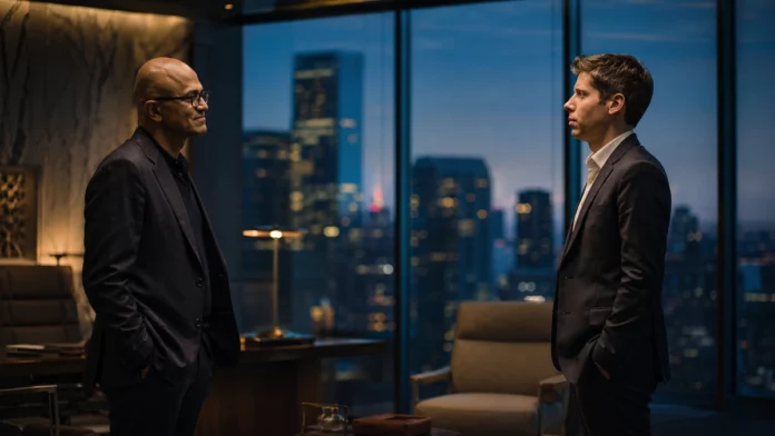 **Featured image alt text:** Satya Nadella and Sam Altman standing apart in a modern corporate setting, representing the renegotiated Microsoft OpenAI partnership.