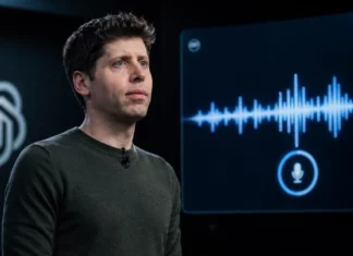 Sam Altman stands in front of a screen displaying a voice waveform and microphone interface, with the OpenAI logo visible in the background.