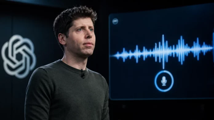 Sam Altman stands in front of a screen displaying a voice waveform and microphone interface, with the OpenAI logo visible in the background.