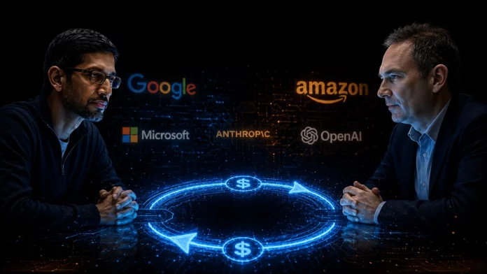 Dark cinematic illustration of money flowing in a loop between Big Tech and AI startups