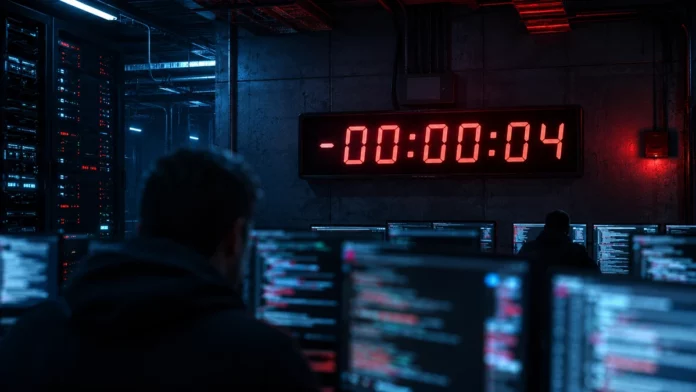 A digital clock counting down to zero against a dark cybersecurity-themed background, representing the collapsing time window between vulnerability disclosure and exploitation