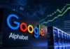 Alphabet logo against a backdrop of rising stock charts and AI infrastructure imagery
