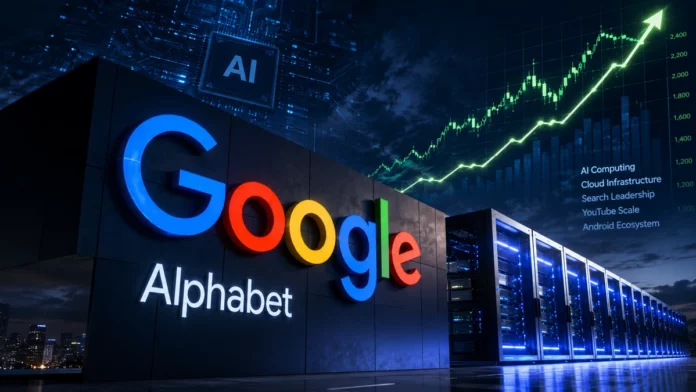 Alphabet logo against a backdrop of rising stock charts and AI infrastructure imagery