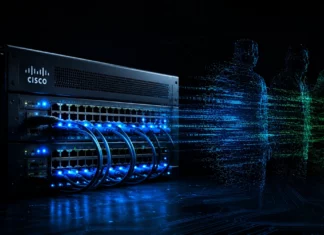 Cisco headquarters building at night with AI server infrastructure visual metaphor in blue and green tones