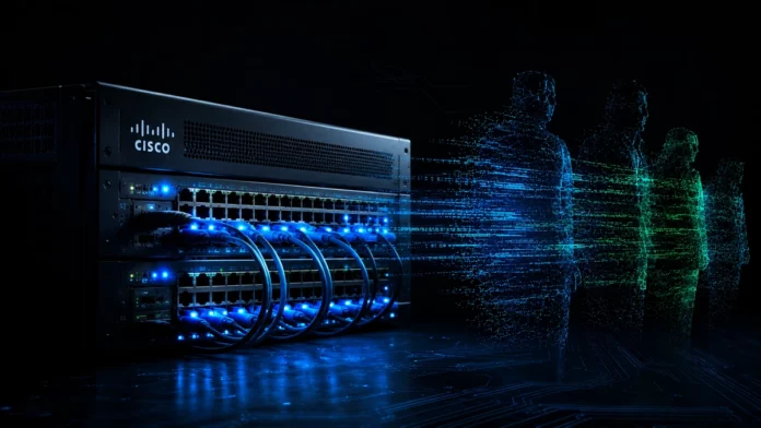 Cisco headquarters building at night with AI server infrastructure visual metaphor in blue and green tones
