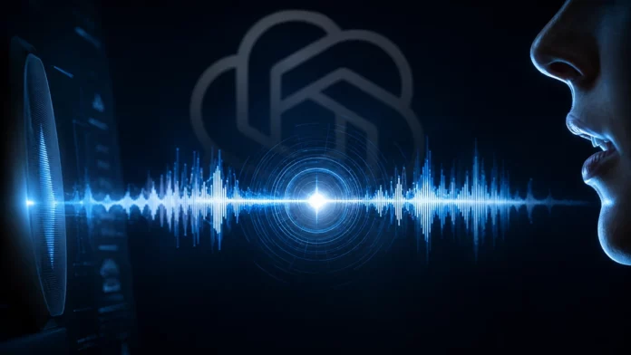 OpenAI logo on a dark background with waveform visualization representing real-time voice AI