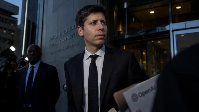 Sam Altman outside the federal courthouse in Oakland during the Musk v. Altman trial, May 2026