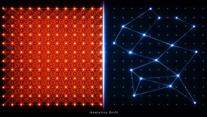 Dense orange quadratic transformer attention grid versus sparse blue linear SSA attention network, illustrating Subquadratic SubQ's efficiency breakthrough
