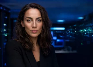 Mira Murati CEO of Thinking Machines Lab in a dark server room with blue and green data stream particles in the background