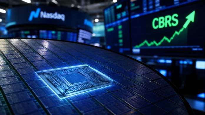 Cerebras Systems WSE-3 wafer-scale chip on a circuit board with Nasdaq IPO ticker CBRS displayed on a screen in the background